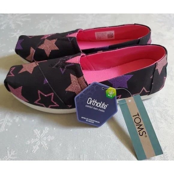 New In Box Toms Womens Alpargata Black Glitter Stars Print Shoes Size 5 - Picture 4 of 12